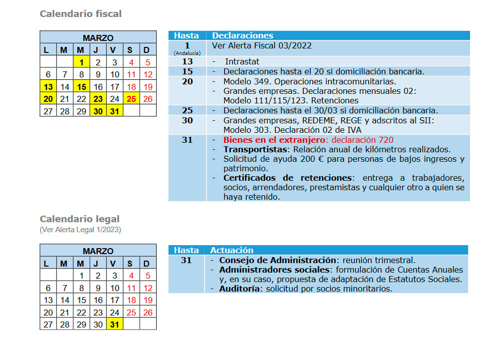 Agenda Fiscal de Marzo, con el calendario fiscal y legal 